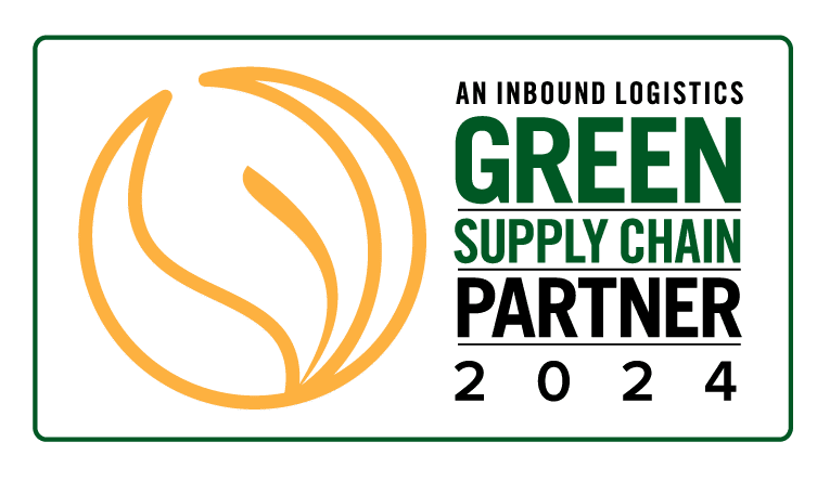 Inbound Logistics Green Supply Chain Partner Logo - gold globe graphic with words next to it "An inbound logistics green supply chain partner 2024"